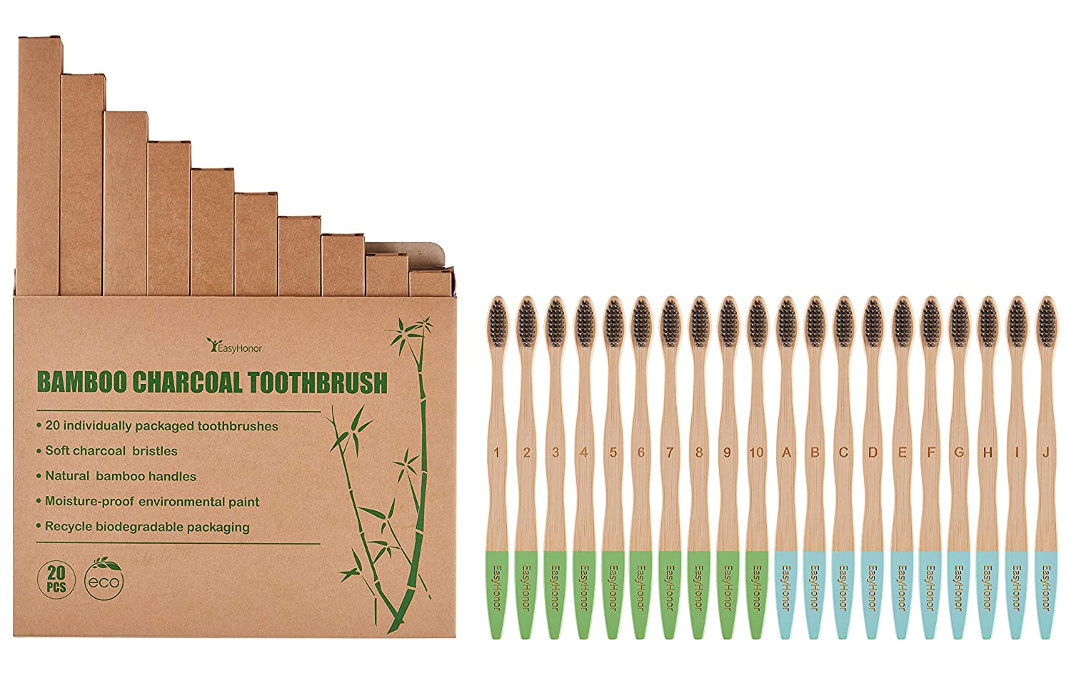 DEasyHonor 20 Pack Bamboo Charcoal Toothbrushes for Adults and Teenagers, Biodegradable Organic bamboo eco friendly toothbrushes, with Ergonomic Handles and Soft Charcoal Bristles BPA Free
