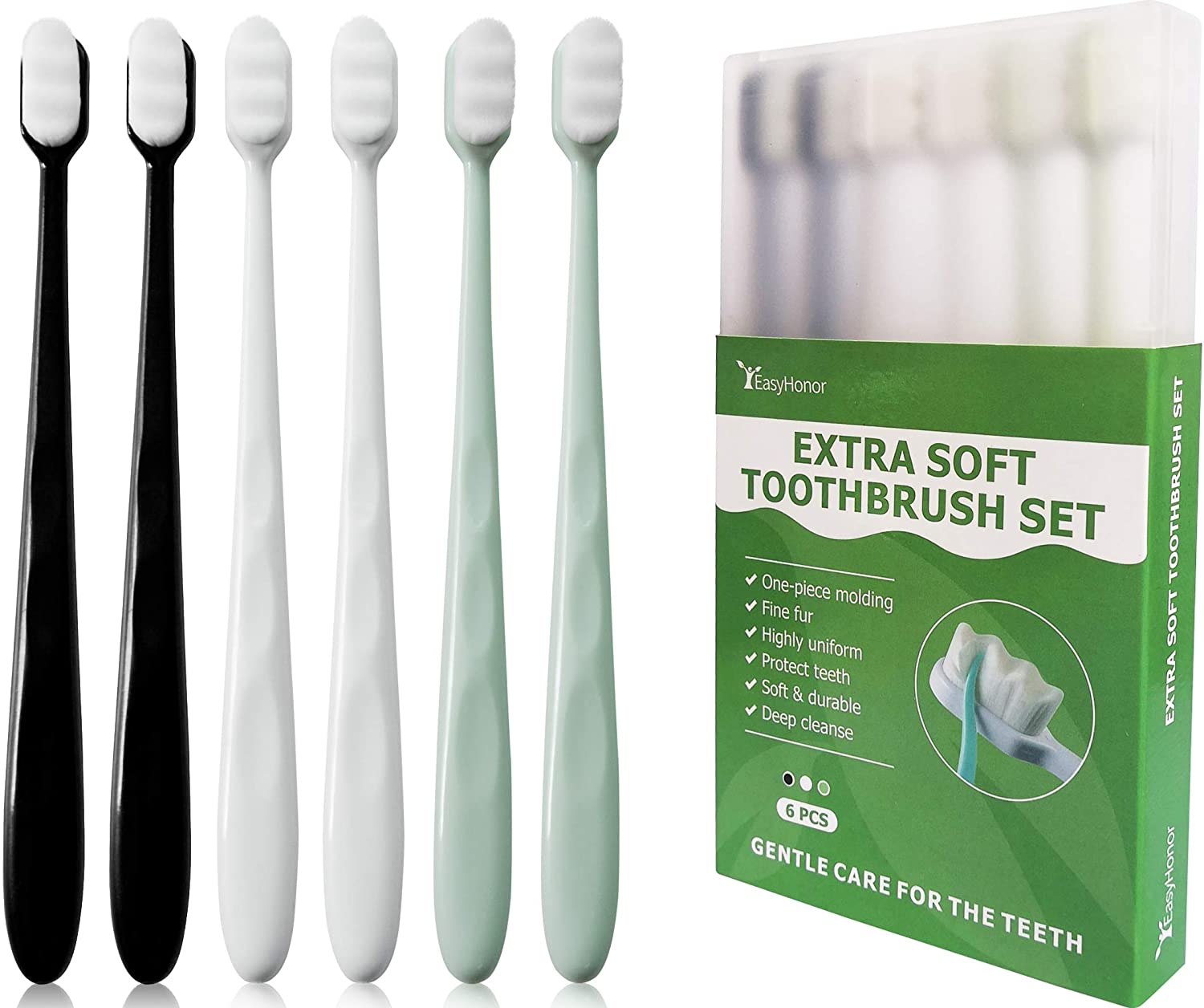 EasyHonor Extra Soft Toothbrush for Sensitive Gums, Micro-Nano Manual Toothbrush with 20000 Soft Floss Bristle for Pregnant Women, Elderly, Braces and Gum Recessions, Protect Fragile Gums (6 Pack)